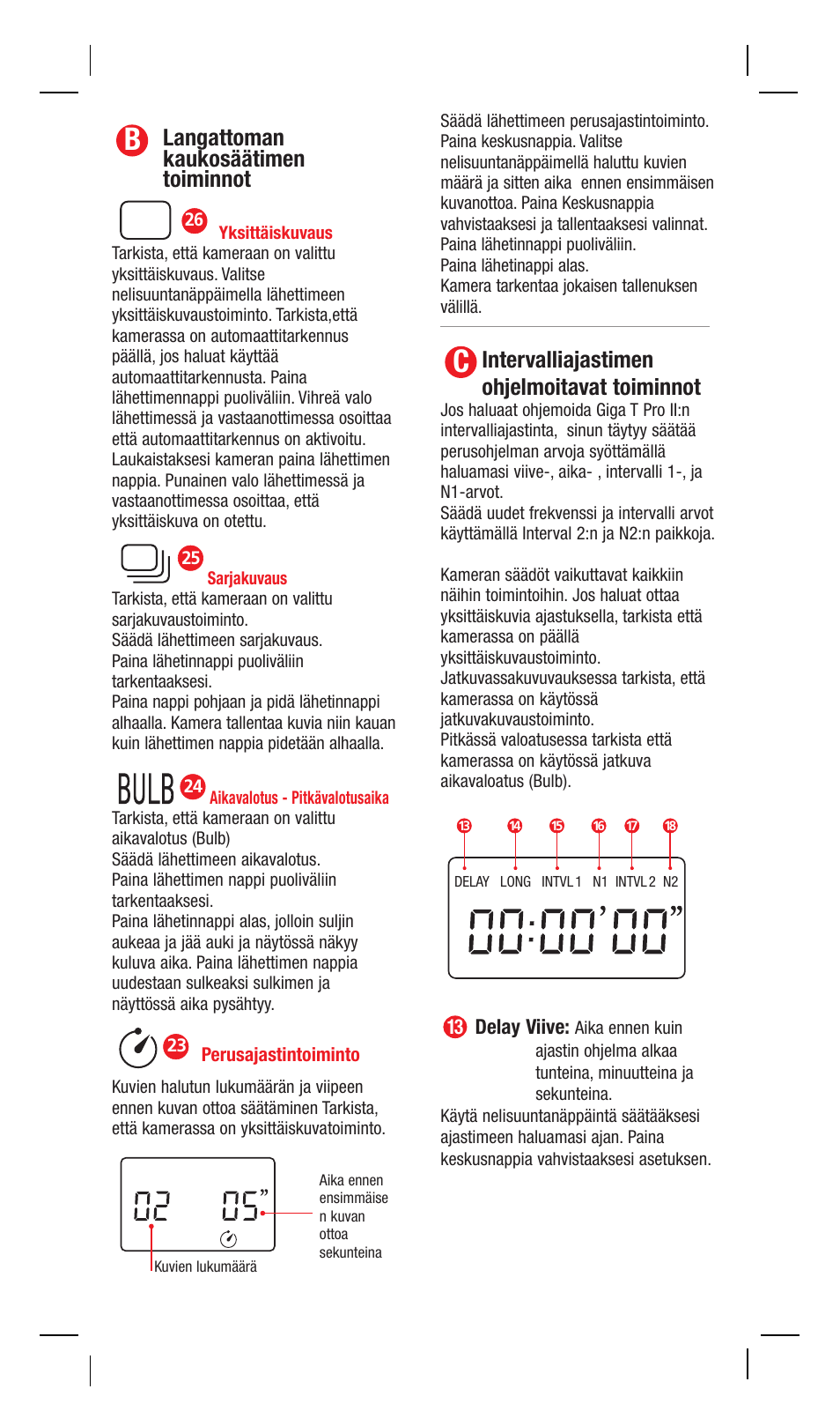 Langattoman kaukosäätimen toiminnot, Intervalliajastimen ohjelmoitavat toiminnot | Hahnel Giga T Pro II Wireless Timer Remote User Manual | Page 29 / 42