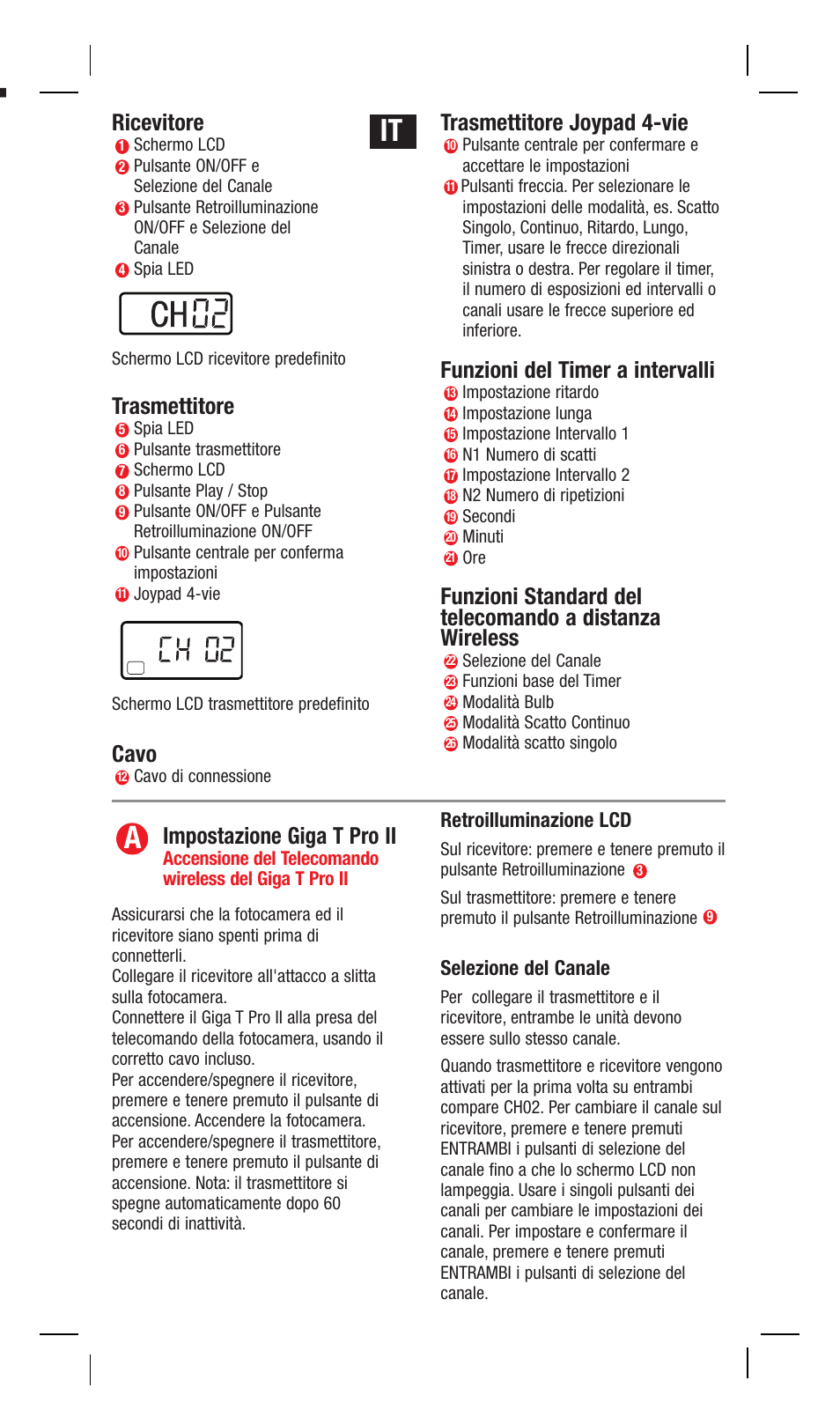 Ricevitore, Trasmettitore, Cavo | Trasmettitore joypad 4-vie, Funzioni del timer a intervalli, Impostazione giga t pro ii | Hahnel Giga T Pro II Wireless Timer Remote User Manual | Page 31 / 42