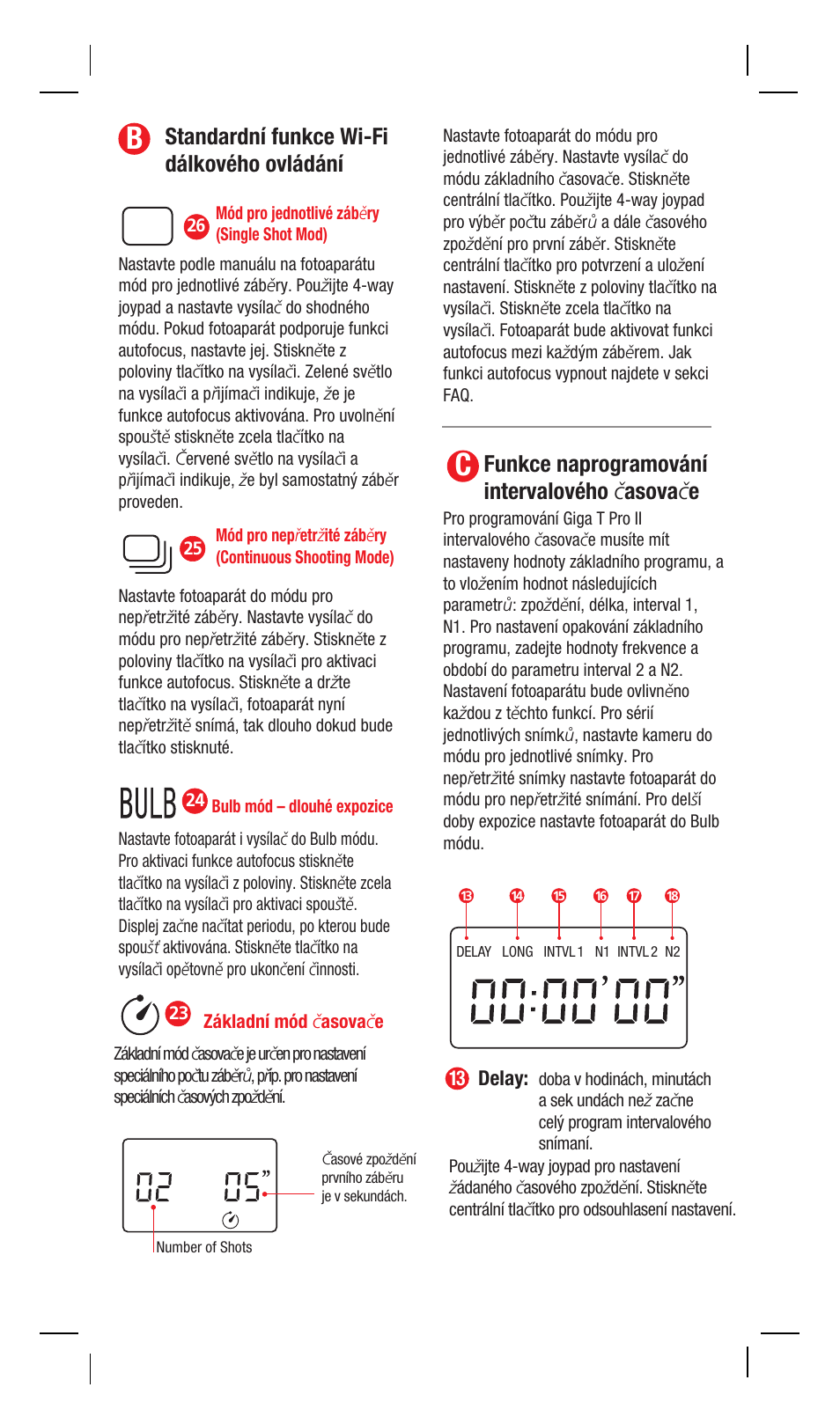 Standardní funkce wi-fi dálkového ovládání, Funkce naprogramování intervalového č asova č e | Hahnel Giga T Pro II Wireless Timer Remote User Manual | Page 38 / 42