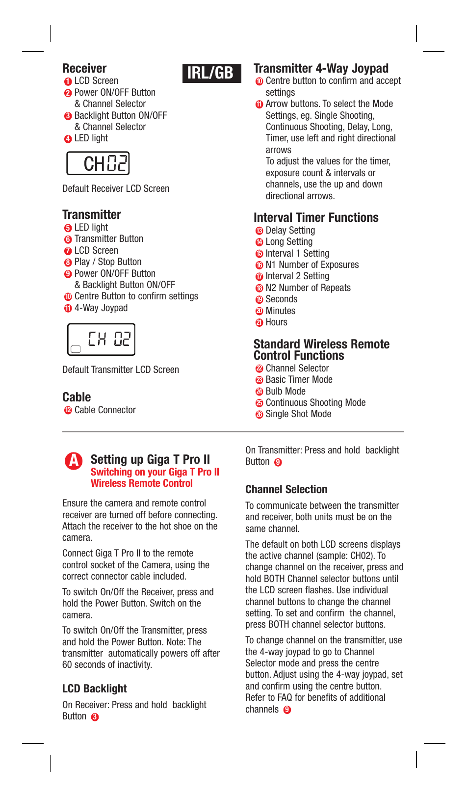 Irl/gb, Receiver, Transmitter | Cable, Transmitter 4-way joypad, Interval timer functions, Standard wireless remote control functions, Setting up giga t pro ii, Lcd backlight, Channel selection | Hahnel Giga T Pro II Wireless Timer Remote User Manual | Page 4 / 42