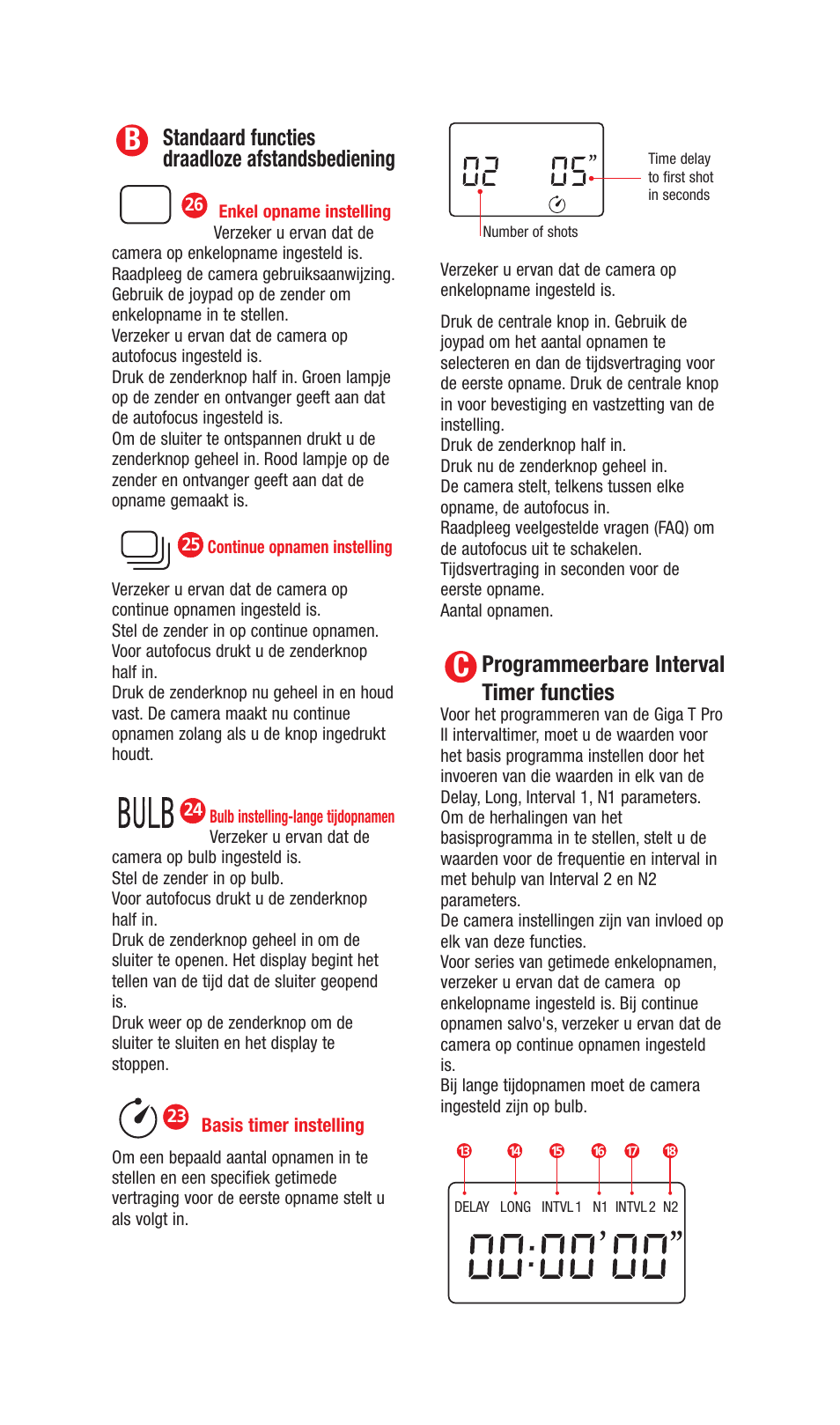 Standaard functies draadloze afstandsbediening, Programmeerbare interval timer functies | Hahnel Giga T Pro II Wireless Timer Remote User Manual | Page 41 / 42