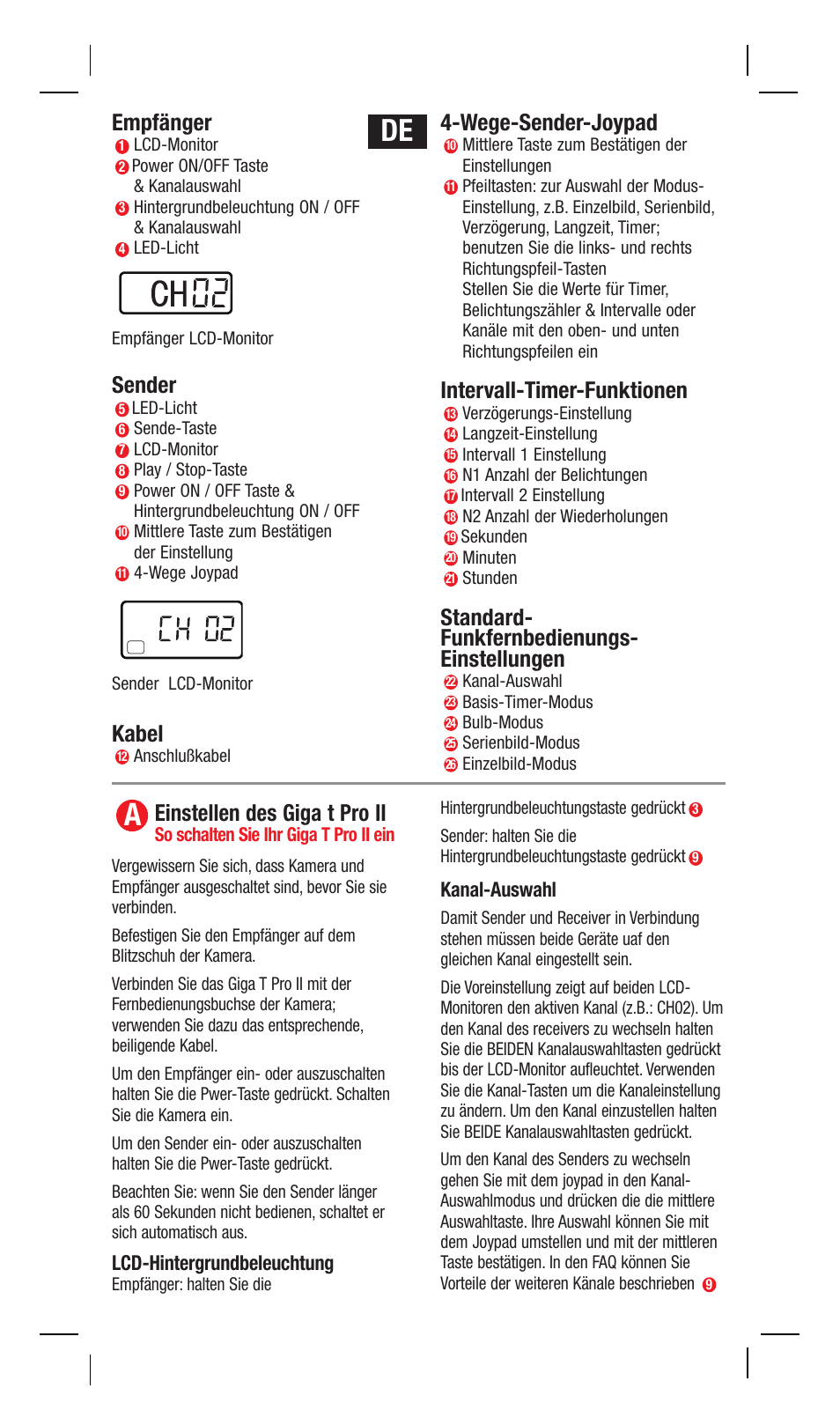 Empfänger, Sender, Kabel | Wege-sender-joypad, Intervall-timer-funktionen, Standard- funkfernbedienungs- einstellungen, Einstellen des giga t pro ii, Lcd-hintergrundbeleuchtung, Kanal-auswahl | Hahnel Giga T Pro II Wireless Timer Remote User Manual | Page 7 / 42