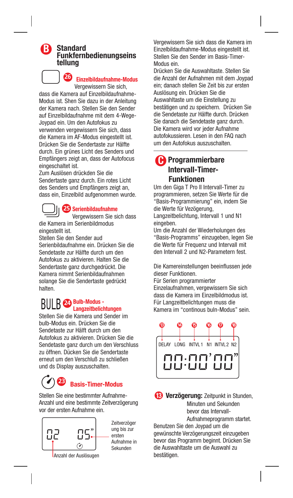 Standard funkfernbedienungseins tellung, Programmierbare intervall-timer- funktionen | Hahnel Giga T Pro II Wireless Timer Remote User Manual | Page 8 / 42