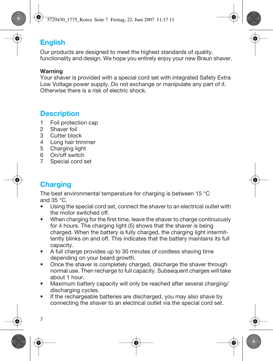 English, Description, Charging | Braun 1775 User Manual | Page 7 / 10