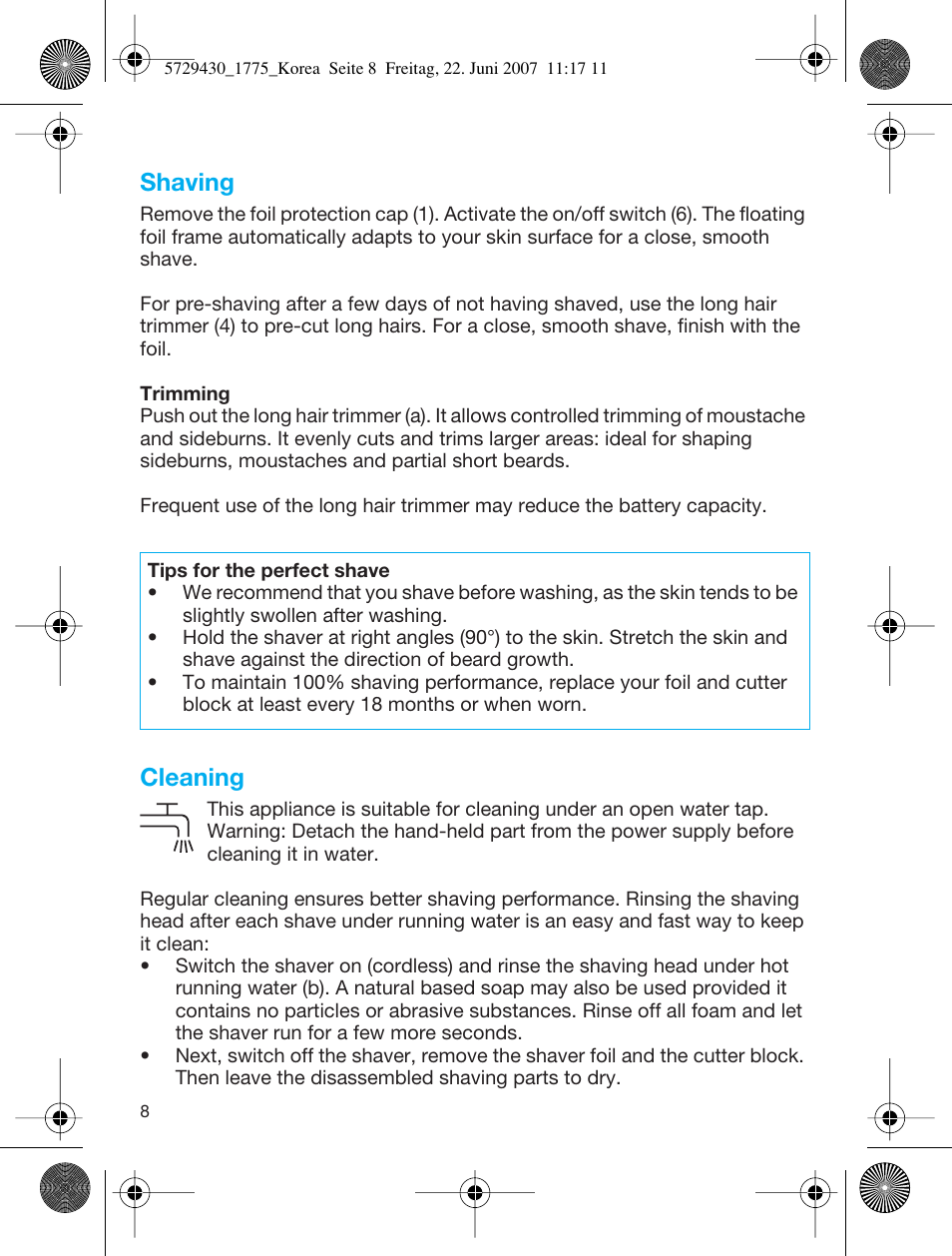 Shaving, Cleaning | Braun 1775 User Manual | Page 8 / 10