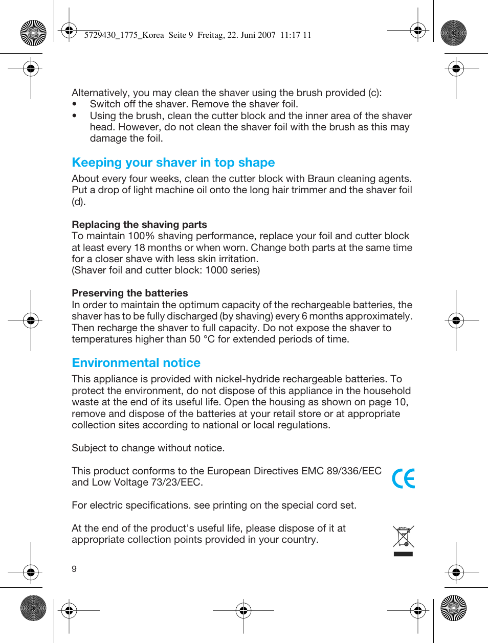 Keeping your shaver in top shape, Environmental notice | Braun 1775 User Manual | Page 9 / 10