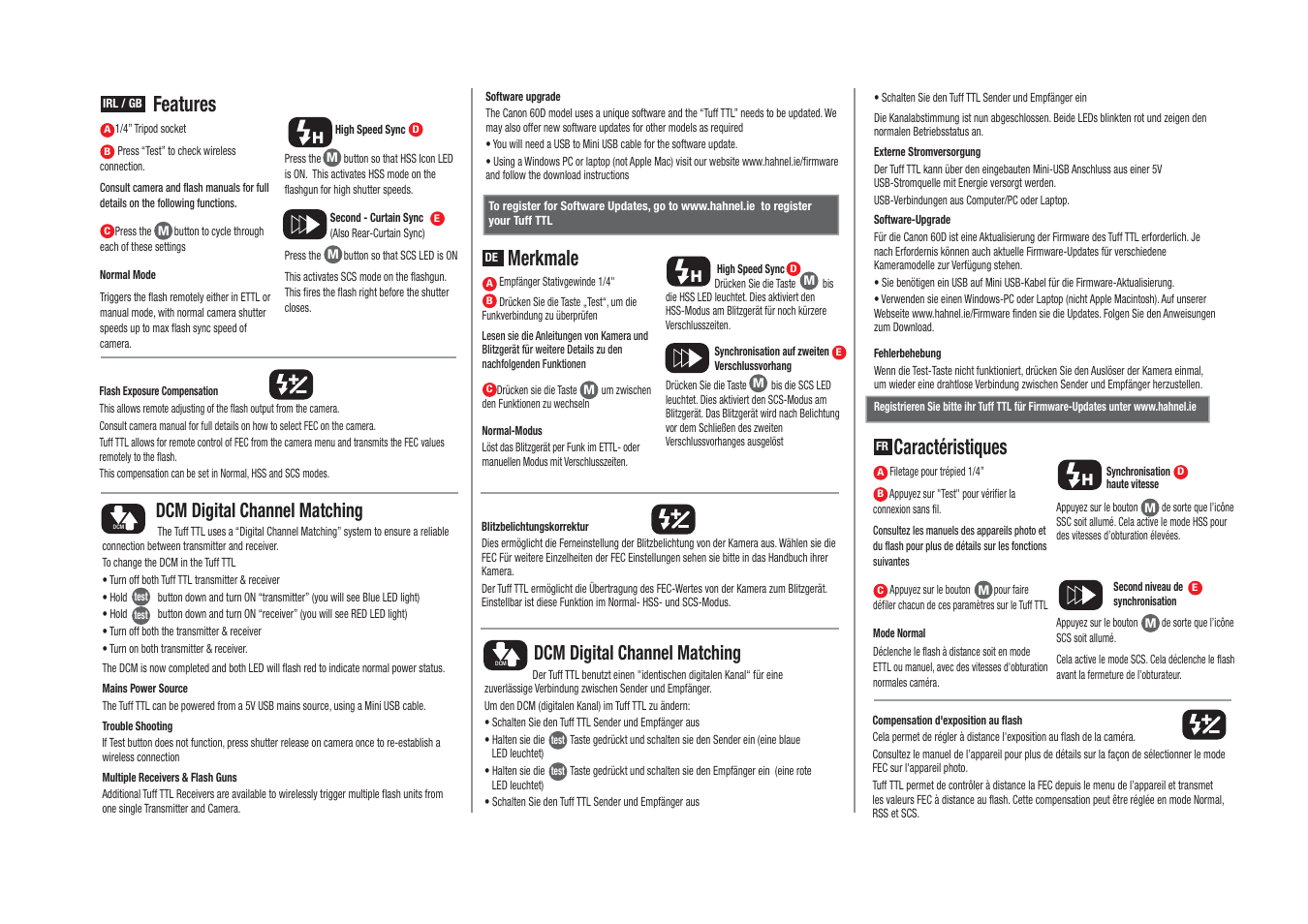 Features, Caractéristiques, Merkmale | Dcm digital channel matching | Hahnel Tuff TTL Wireless Flash Trigger – Canon User Manual | Page 2 / 6