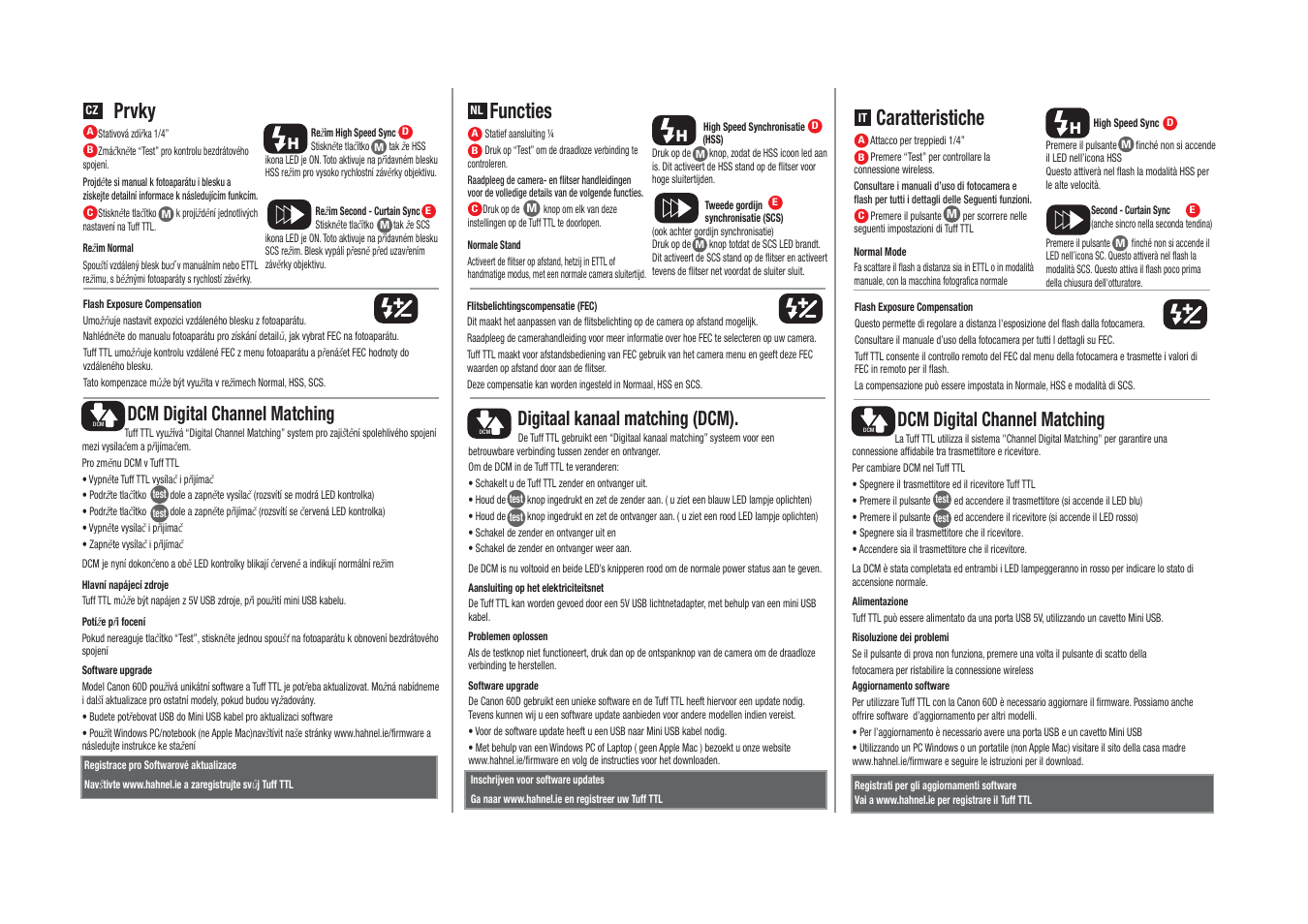 Caratteristiche, Functies, Prvky | Dcm digital channel matching, Digitaal kanaal matching (dcm) | Hahnel Tuff TTL Wireless Flash Trigger – Canon User Manual | Page 4 / 6
