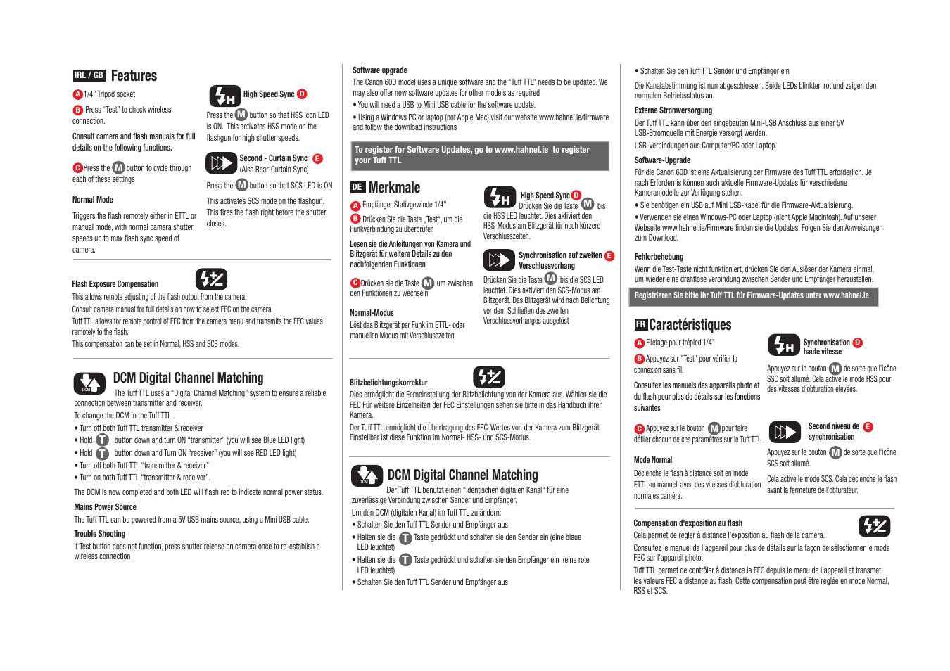 Features, Caractéristiques, Merkmale | Dcm digital channel matching | Hahnel Tuff TTL Wireless Flash Trigger - Nikon User Manual | Page 2 / 6