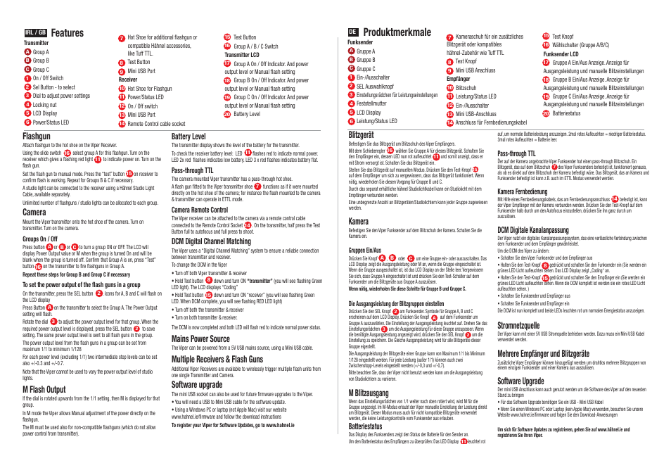 Features, Produktmerkmale, Flashgun | Camera, M flash output, Mains power source, Multiple receivers & flash guns, Software upgrade, Blitzgerät, Kamera | Hahnel Viper Wireless Group Flash Trigger for Canon User Manual | Page 2 / 6