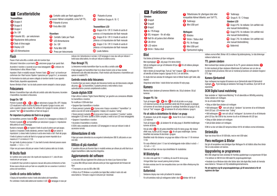 Caratteristiche, Funktioner, Flash | Fotocamera, M uscita flash, Alimentazione di rete, Utilizzo di più ricevitori, Aggiornamento del software, Blixt, Kamera | Hahnel Viper Wireless Group Flash Trigger for Canon User Manual | Page 5 / 6