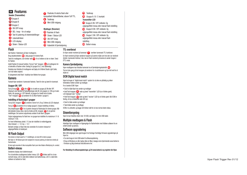 Features, Flash, Kamera | M flash output, Strømforsyning, Multiple modtagere & flash, Software opgradering, Batteri-niveau, Dcm digital kanal match | Hahnel Viper Wireless Group Flash Trigger for Canon User Manual | Page 6 / 6