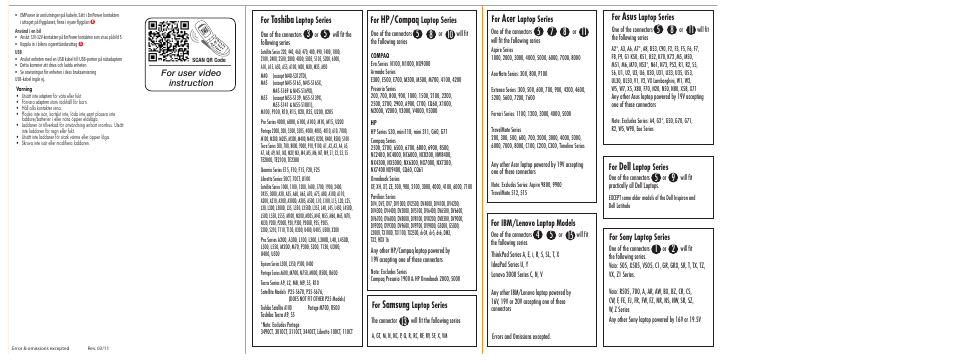 Toshiba, Hp/compaq, Dell | Samsung, Asus, Acer, For user video instruction | Hahnel Air & 12V Car Adaptor User Manual | Page 2 / 2