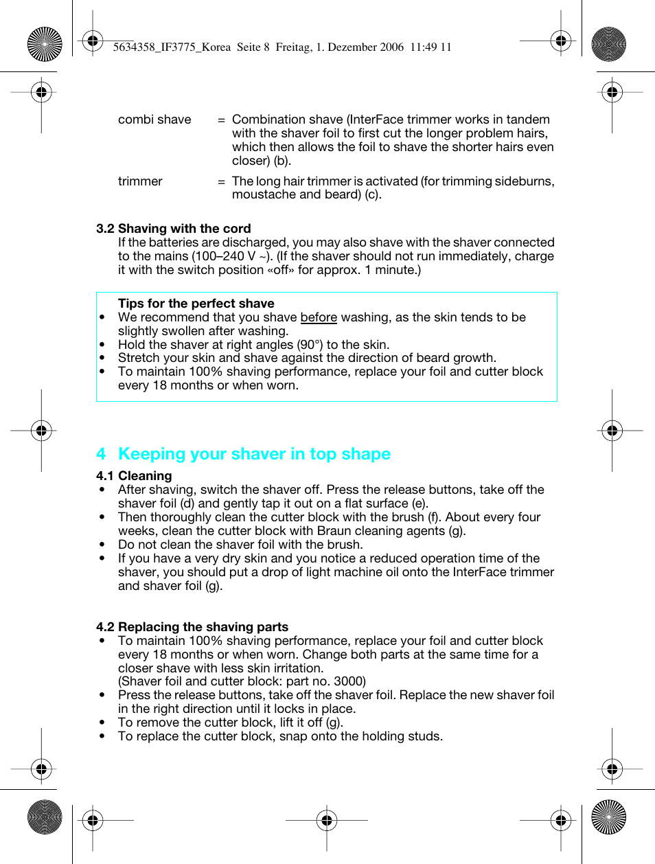 4 keeping your shaver in top shape | Braun 5634 User Manual | Page 8 / 10