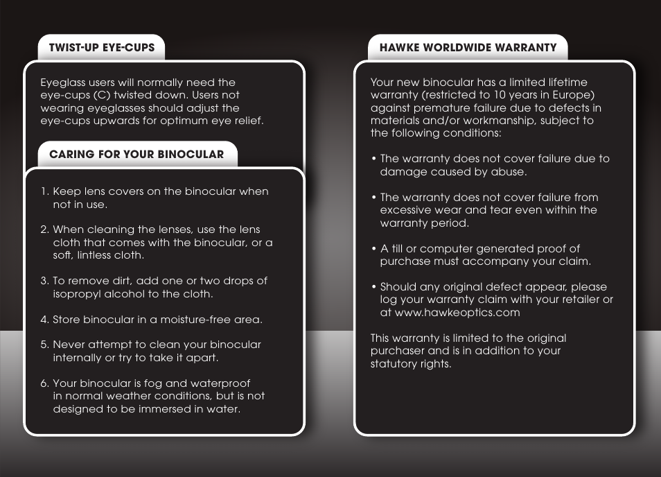 Binocular instructions 3-4 | Hawke Optics Compact 8x21 User Manual | Page 3 / 3