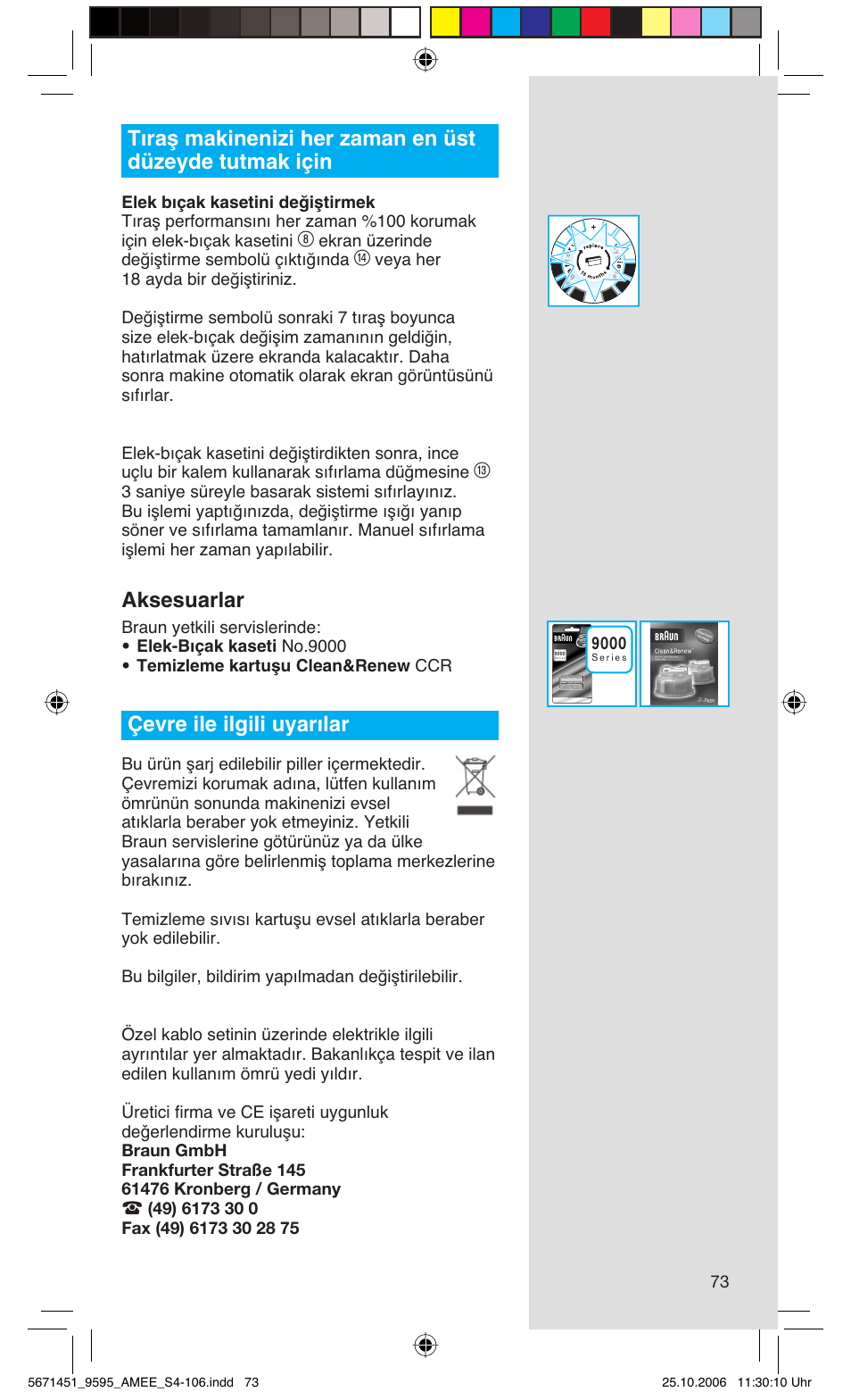 Aksesuarlar, Çevre ile ilgili uyarılar | Braun 5671 User Manual | Page 72 / 104