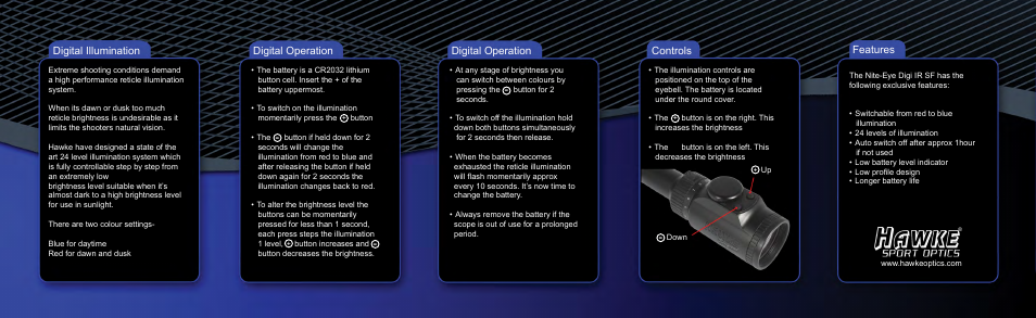 Digital operation, Controls digital illumination, Features | Hawke Optics Nite-Eye Digital 4-16x50 10X ½ Mil Dot User Manual | Page 2 / 2