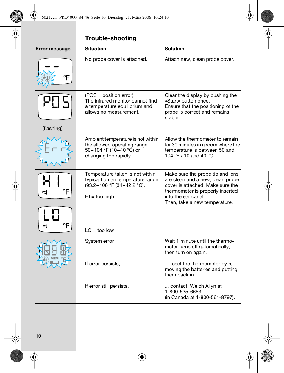Trouble-shooting | Braun ThermoScan PRO 4000 User Manual | Page 10 / 46