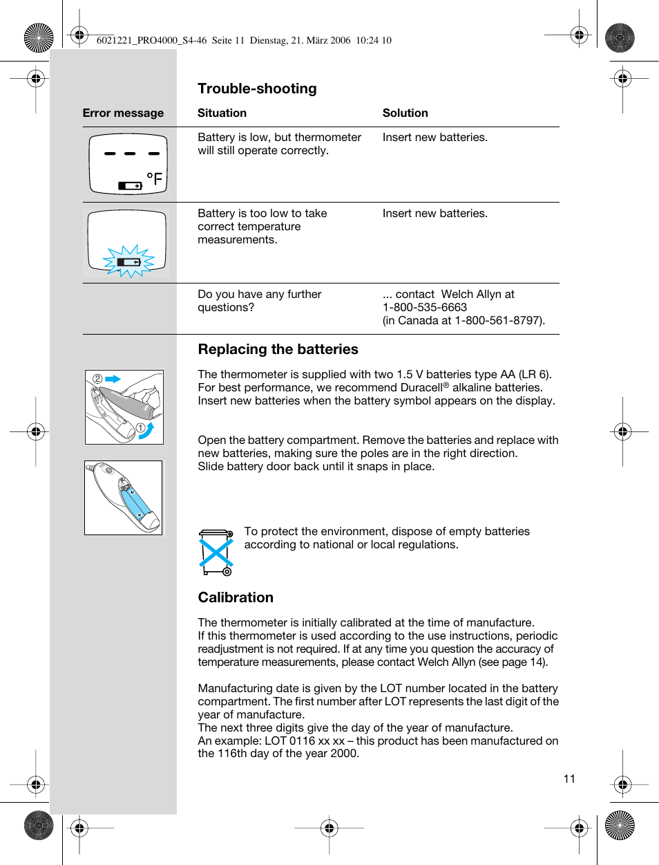 Trouble-shooting, Replacing the batteries, Calibration | Braun ThermoScan PRO 4000 User Manual | Page 11 / 46