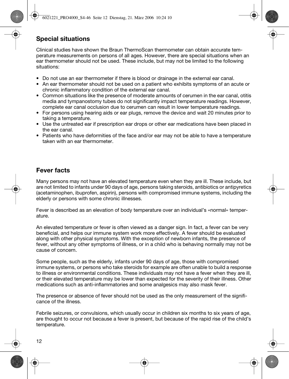 Special situations, Fever facts | Braun ThermoScan PRO 4000 User Manual | Page 12 / 46