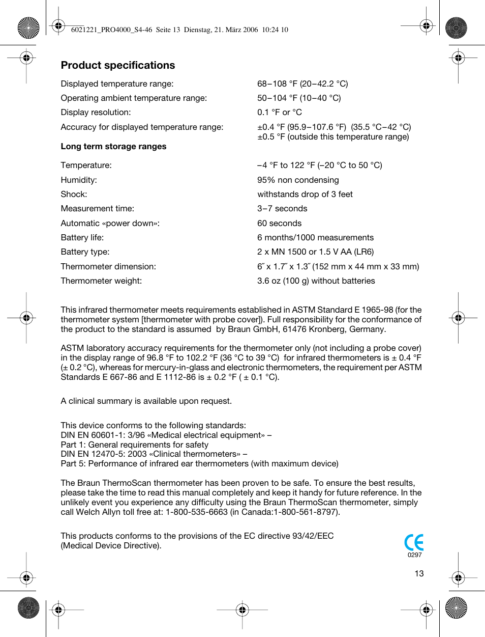 Product specifications | Braun ThermoScan PRO 4000 User Manual | Page 13 / 46