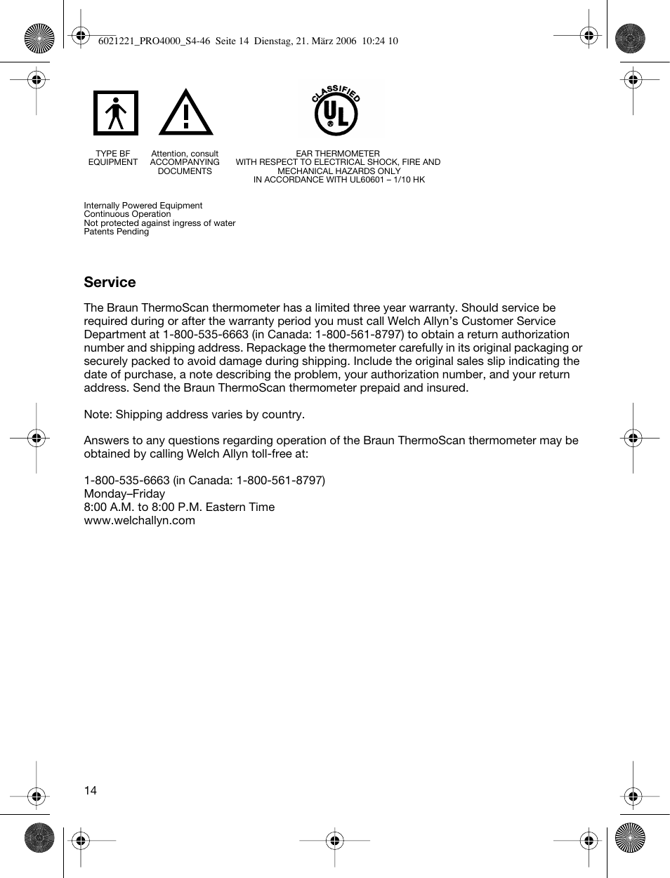 Service | Braun ThermoScan PRO 4000 User Manual | Page 14 / 46