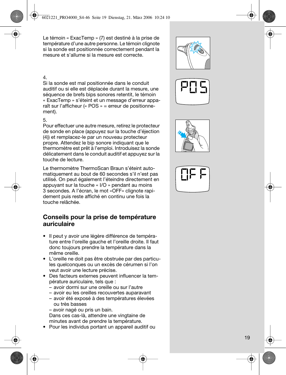 Conseils pour la prise de température auriculaire | Braun ThermoScan PRO 4000 User Manual | Page 19 / 46