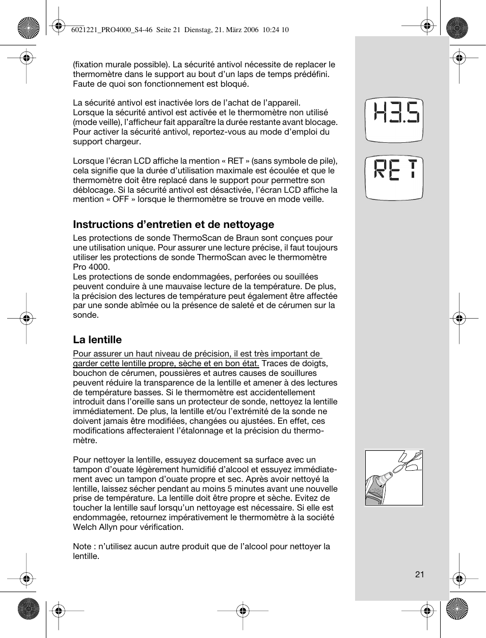 Instructions d’entretien et de nettoyage, La lentille | Braun ThermoScan PRO 4000 User Manual | Page 21 / 46