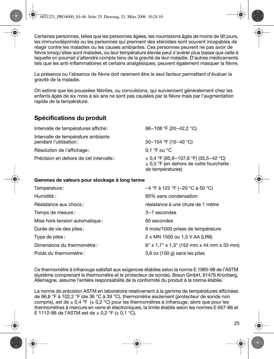 Spécifications du produit | Braun ThermoScan PRO 4000 User Manual | Page 25 / 46
