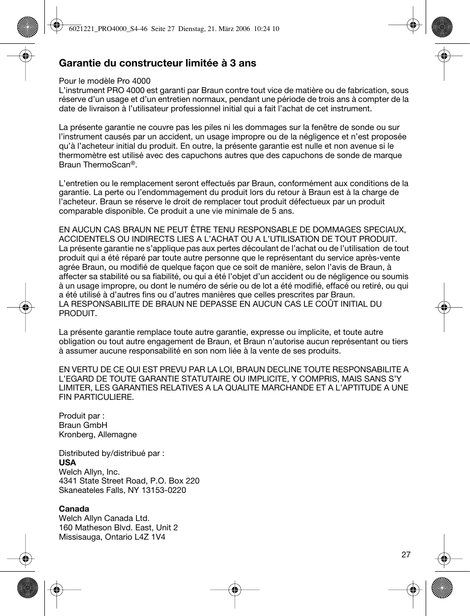 Garantie du constructeur limitée à 3 ans | Braun ThermoScan PRO 4000 User Manual | Page 27 / 46
