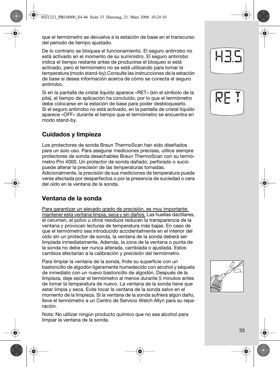 Cuidados y limpieza, Ventana de la sonda | Braun ThermoScan PRO 4000 User Manual | Page 33 / 46