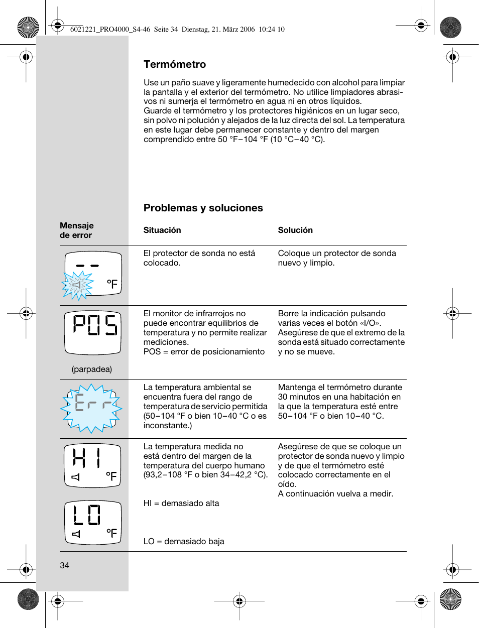 Termómetro, Problemas y soluciones | Braun ThermoScan PRO 4000 User Manual | Page 34 / 46