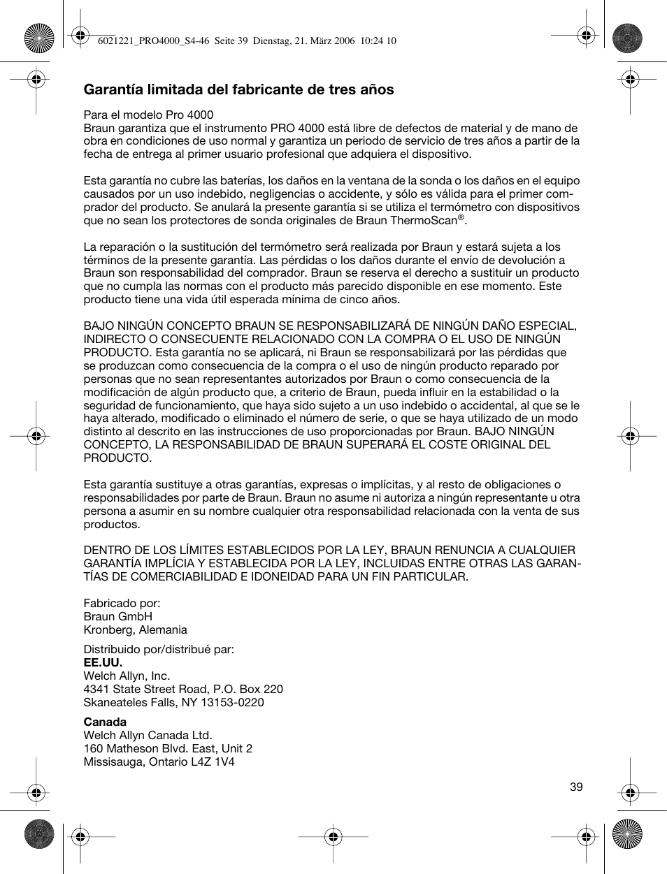 Garantía limitada del fabricante de tres años | Braun ThermoScan PRO 4000 User Manual | Page 39 / 46