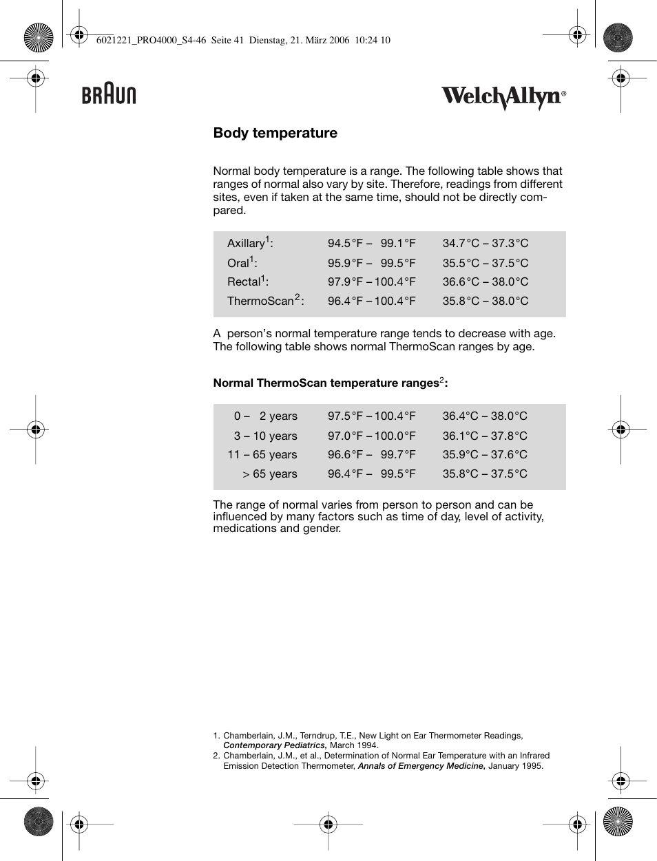 Body temperature | Braun ThermoScan PRO 4000 User Manual | Page 41 / 46