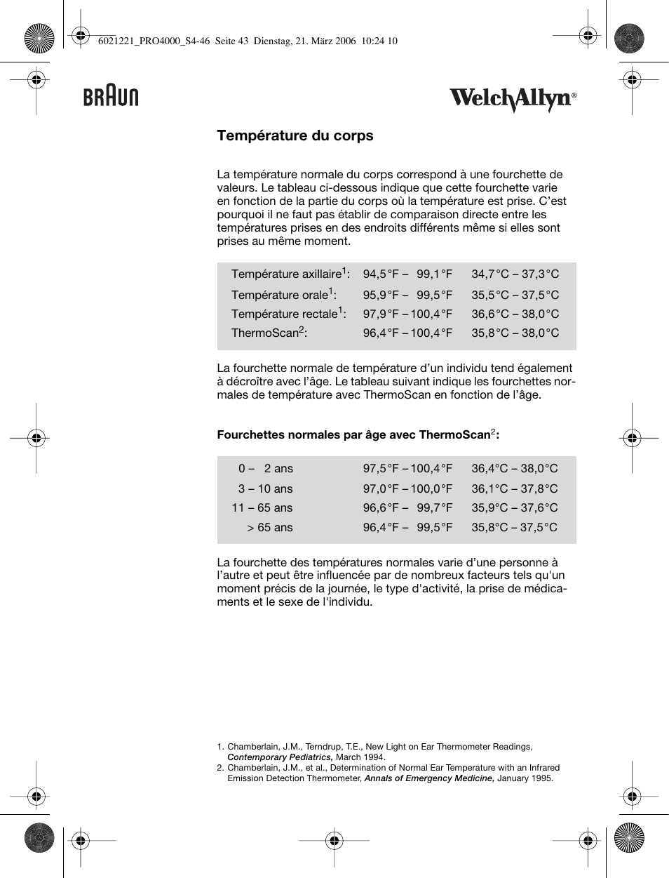 Température du corps | Braun ThermoScan PRO 4000 User Manual | Page 43 / 46