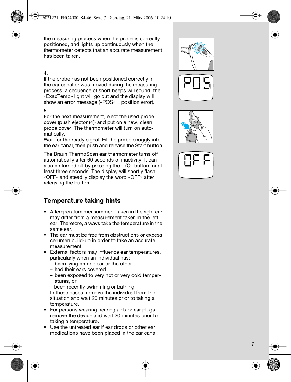 Temperature taking hints | Braun ThermoScan PRO 4000 User Manual | Page 7 / 46