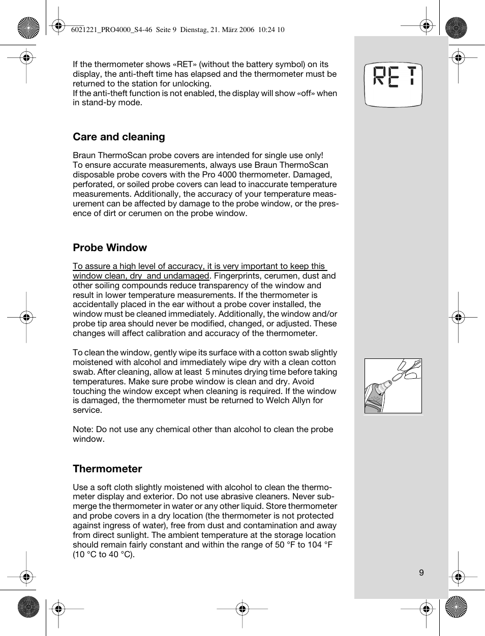 Care and cleaning, Probe window, Thermometer | Braun ThermoScan PRO 4000 User Manual | Page 9 / 46