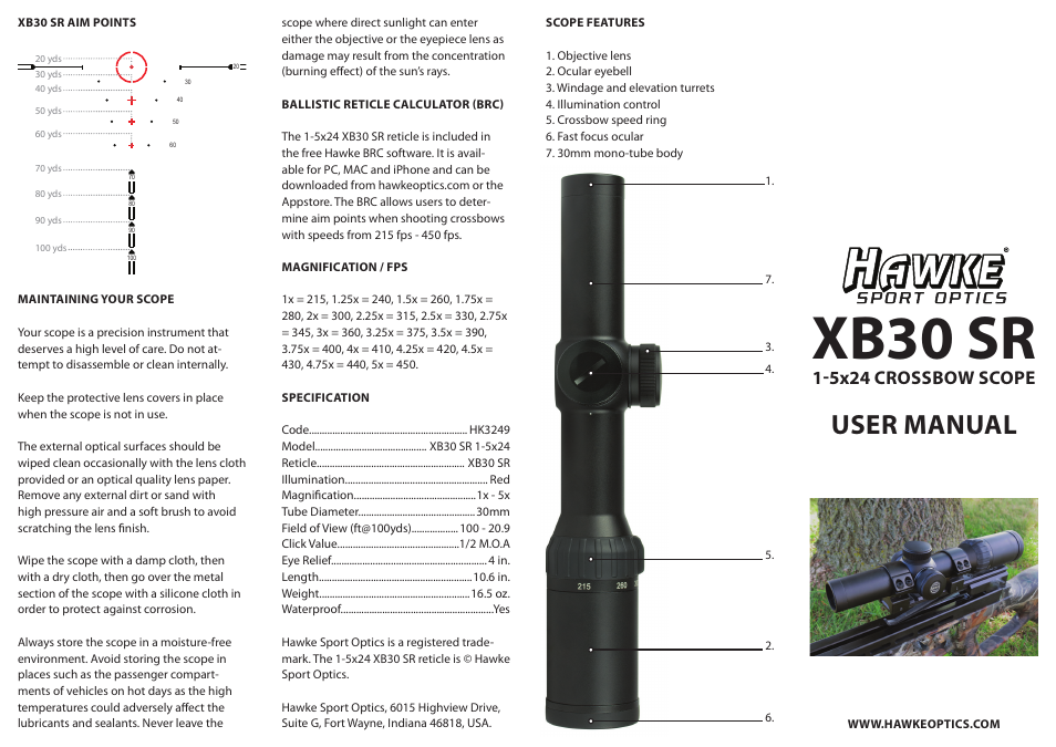 Xb30 sr, User manual, 5x24 crossbow scope | Hawke Optics XB30 Crossbow Scope User Manual | Page 2 / 2