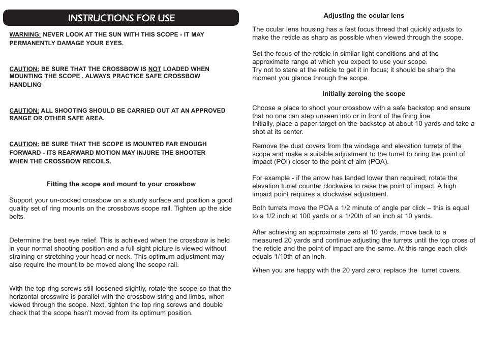 Instructions for use | Hawke Optics XB Crossbow Scope 3x32 User Manual | Page 2 / 2