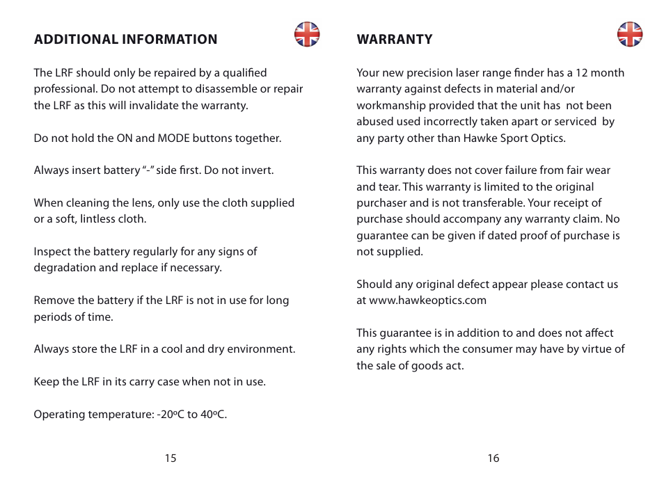 Hawke Optics LRF Pro 900 User Manual | Page 8 / 8