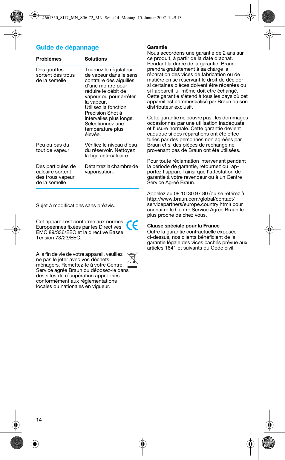 Guide de dépannage | Braun 4661 User Manual | Page 14 / 70