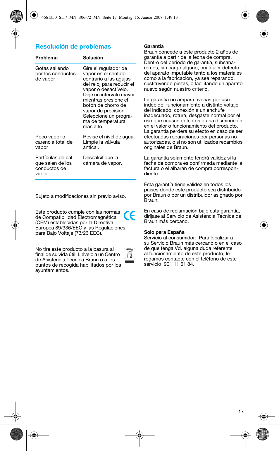 Resolución de problemas | Braun 4661 User Manual | Page 17 / 70