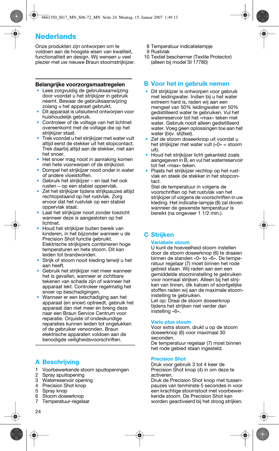 Nederlands, A beschrijving, B voor het in gebruik nemen | C strijken | Braun 4661 User Manual | Page 24 / 70