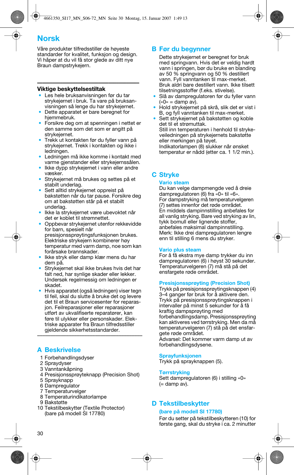 Norsk, A beskrivelse, B før du begynner | C stryke, D tekstilbeskytter | Braun 4661 User Manual | Page 30 / 70