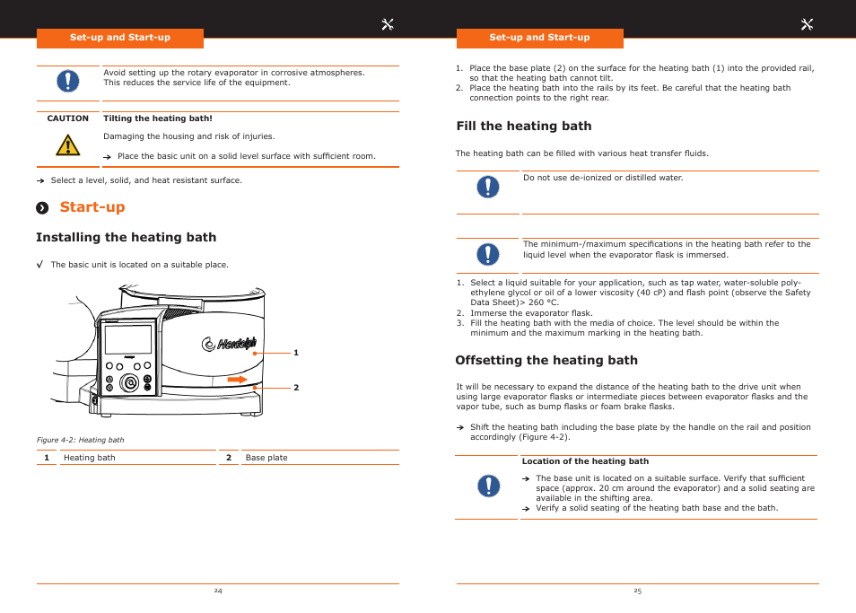 Start-up, Fill the heating bath, Offsetting the heating bath | Installing the heating bath | Heidolph Hei-VAP Precision User Manual | Page 13 / 59