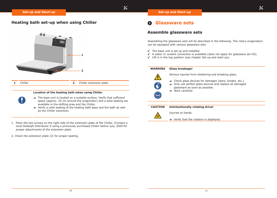 Glassware sets, Heating bath set-up when using chiller, Assemble glassware sets | Heidolph Hei-VAP Precision User Manual | Page 14 / 59