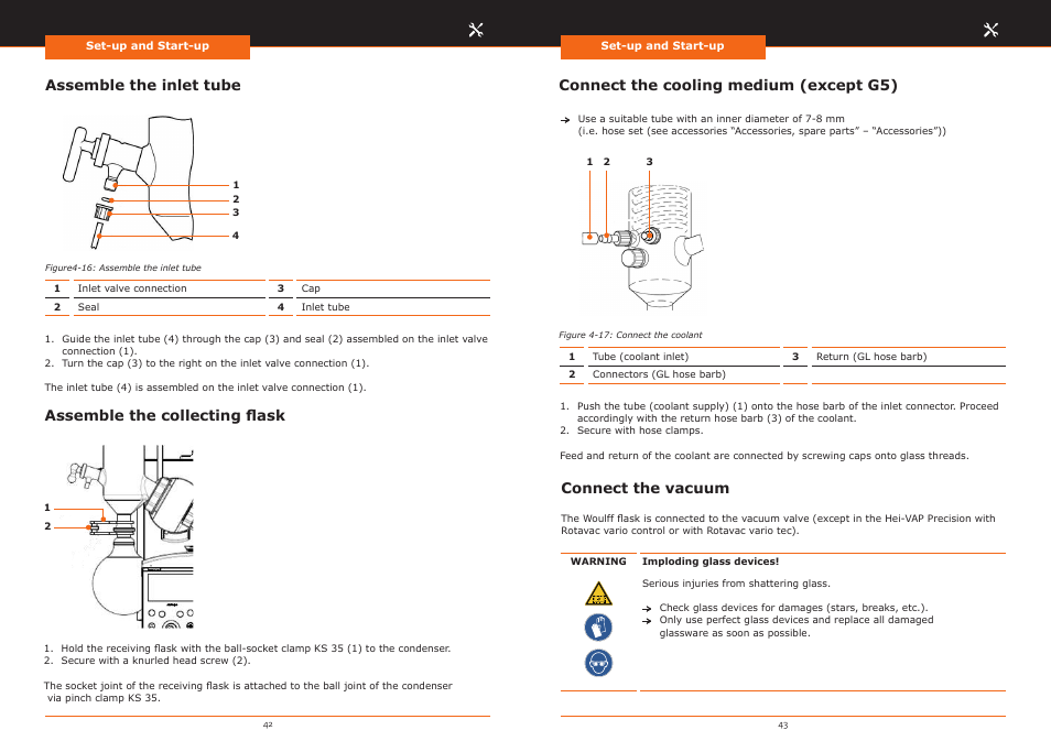 Assemble the inlet tube, Assemble the collecting flask, Connect the cooling medium (except g5) | Connect the vacuum | Heidolph Hei-VAP Precision User Manual | Page 22 / 59