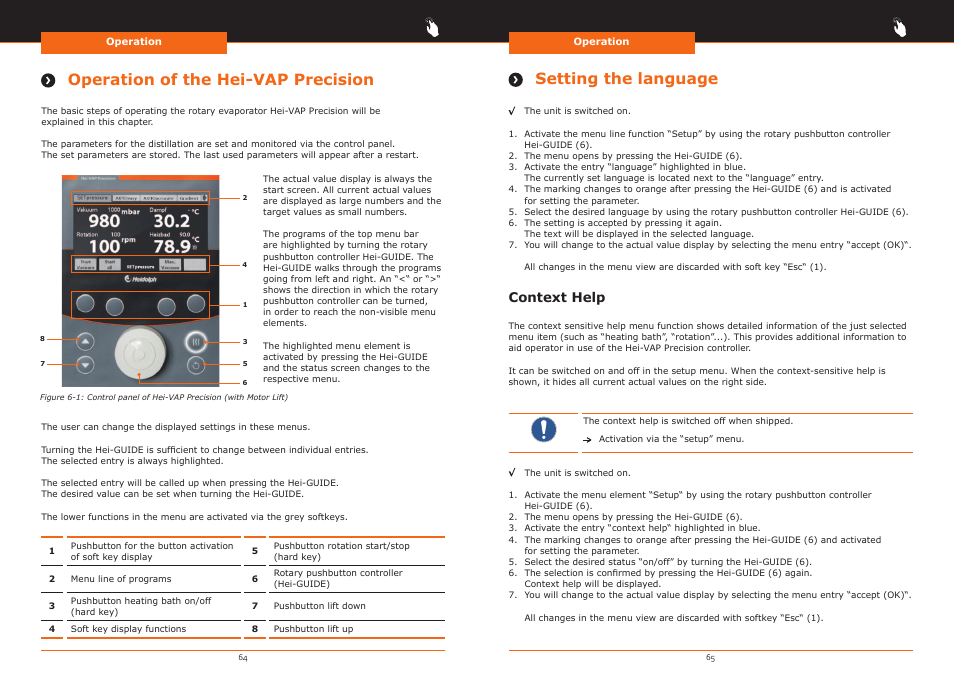 Setting the language, Operation of the hei-vap precision, Context help | Heidolph Hei-VAP Precision User Manual | Page 33 / 59