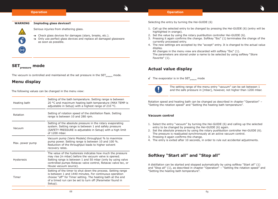 Mode, Menu display, Actual value display | Softkey “start all” and “stop all | Heidolph Hei-VAP Precision User Manual | Page 35 / 59