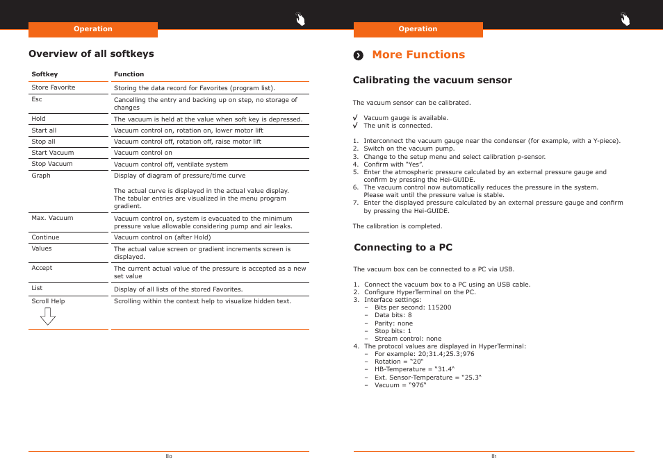 More functions, Overview of all softkeys, Calibrating the vacuum sensor | Connecting to a pc | Heidolph Hei-VAP Precision User Manual | Page 41 / 59